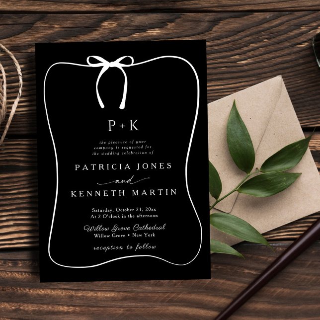 Black & White Line Art Bow Frame Monogram Wedding Invitation (Creator Uploaded)