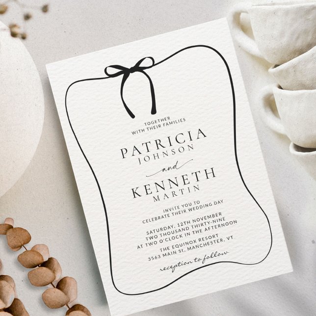 Black & White Line Art Bow Frame Textured Wedding Invitation (Creator Uploaded)