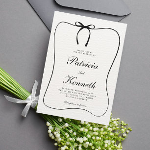 Black & White Line Art Bow Frame Textured Wedding Invitation