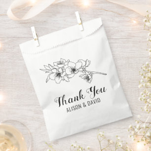Black white line art branch with blossoms favour bags