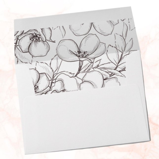 Black & White Line Art Floral Wedding Invitation Envelope (black and white floral line art envelope for wedding and events)