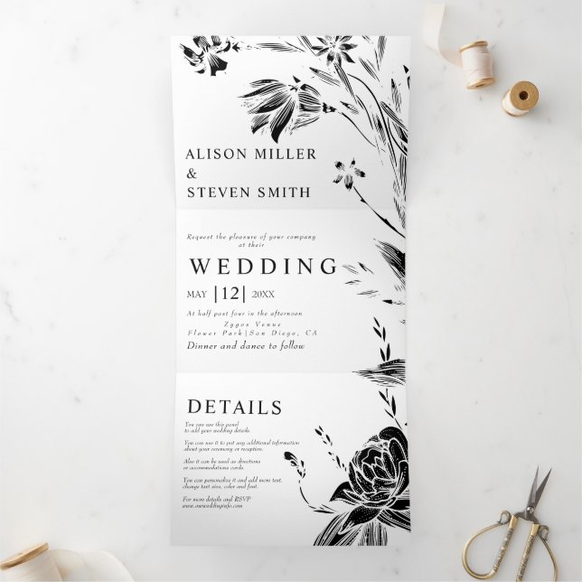 Black, white line art flowers photo wedding Tri-Fold invitation (Inside)
