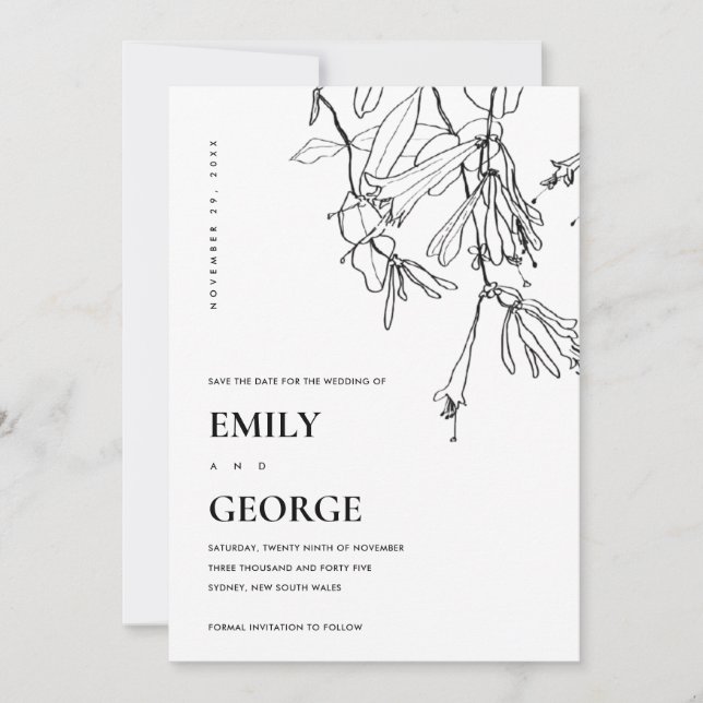 BLACK WHITE LINE DRAWING FLORAL SAVE THE DATE CARD (Front)