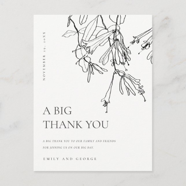 BLACK WHITE LINE DRAWING FLORAL WEDDING THANK YOU ANNOUNCEMENT POSTCARD (Front)