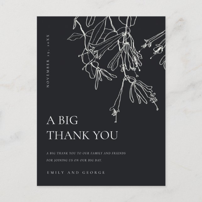 BLACK WHITE LINE DRAWING FLORAL WEDDING THANK YOU ANNOUNCEMENT POSTCARD (Front)