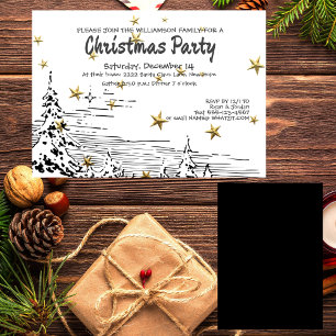 Black, White Line Drawing Snowy Scene Christmas Invitation