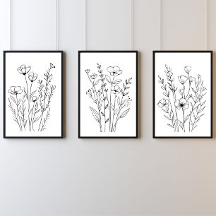 Black White Line Drawn Florals Set of 3 Wall Art 