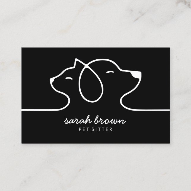 Black White Line Logo Cat Dog Pet Business Card (Front)