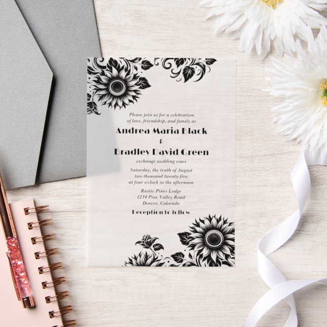 Black White Linocut Sunflower Wedding Vellum Invitations (Wedding)