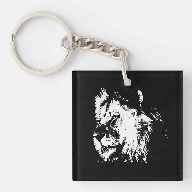 Black White Lion - Animal Pop Art Key Ring (Front)