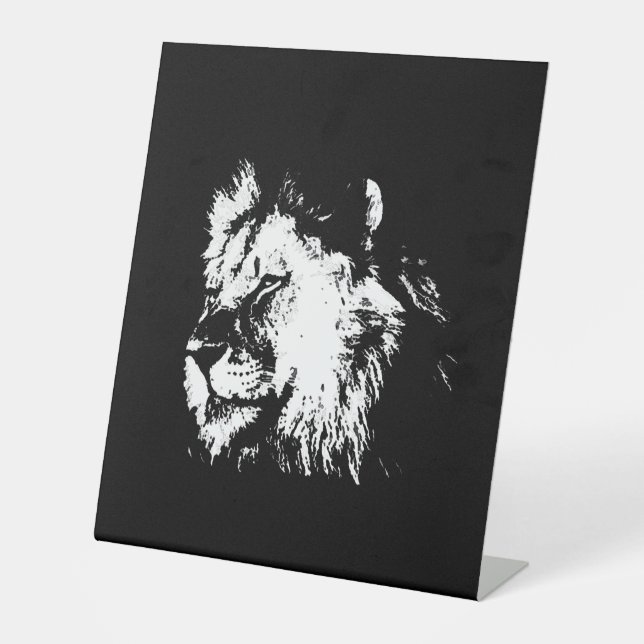 Black White Lion - Animal Pop Art Pedestal Sign (Front)
