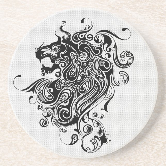 Black & White Lion Head-Tattoo Art Coaster (Front)