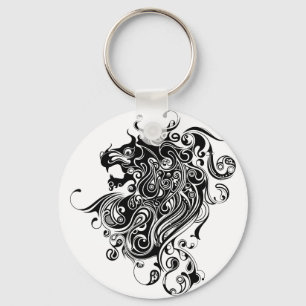 Black & White Lion Head Tattoo Style Key Ring