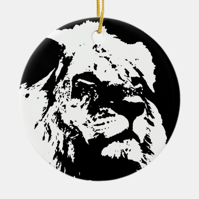 Black & white lion pop art ceramic tree decoration (Front)