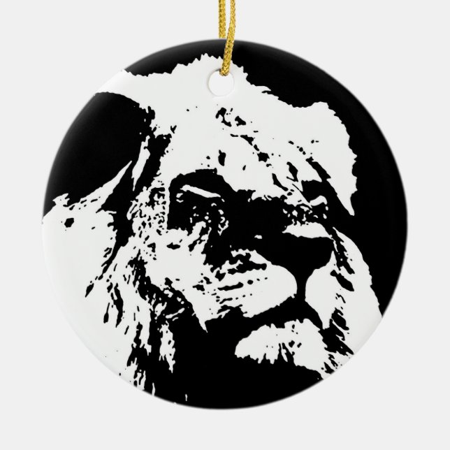 Black & white lion pop art ceramic tree decoration (Front)