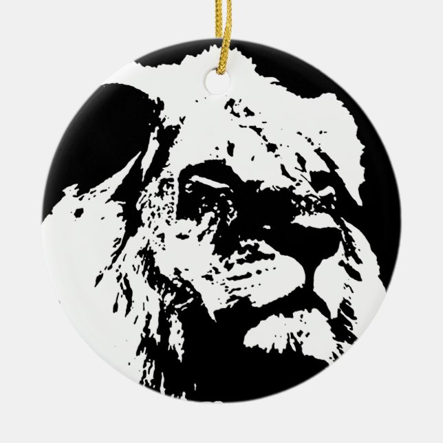 Black & white lion pop art ceramic tree decoration (Front)