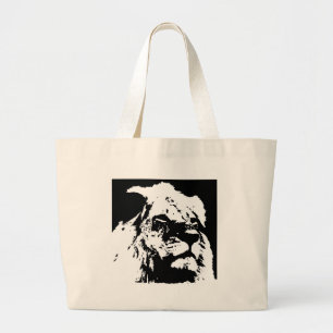 Black & white lion pop art large tote bag