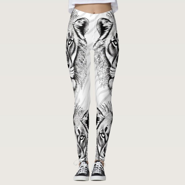 Black White Lion Print Leggings (Front)