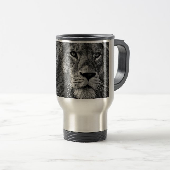 Black & White Lion Travel Mug (Front Right)