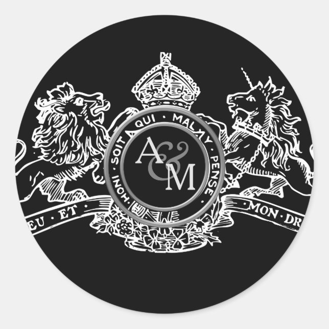 Black White Lion Unicorn Crown Wedding Emblem Classic Round Sticker (Front)
