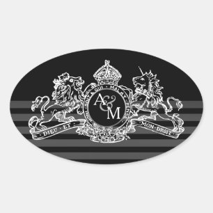 Black White Lion Unicorn Regal Emblem Monogram Oval Sticker