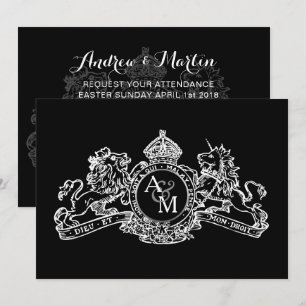 Black White Lion Unicorn Regal Emblem Wedding Invitation