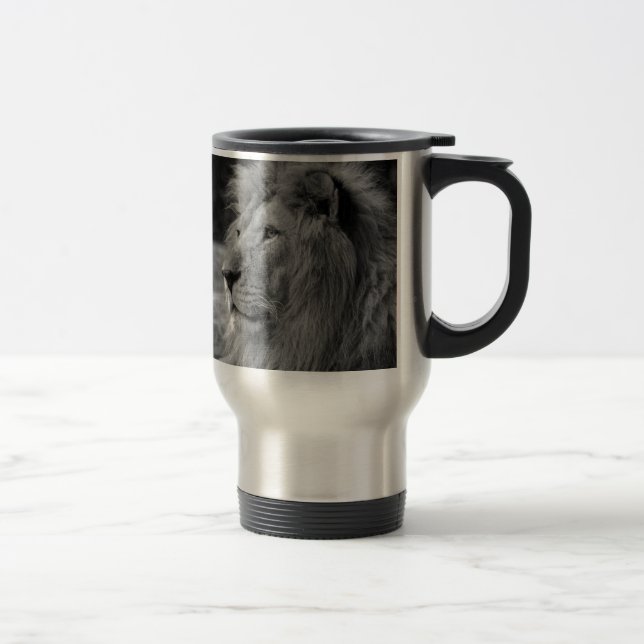 Black & White Lion - Wild Animal Travel Mug (Right)