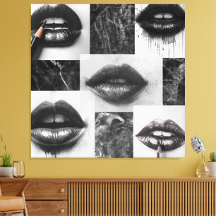 Black,White Lips Collage Canvas Statement Wall Art