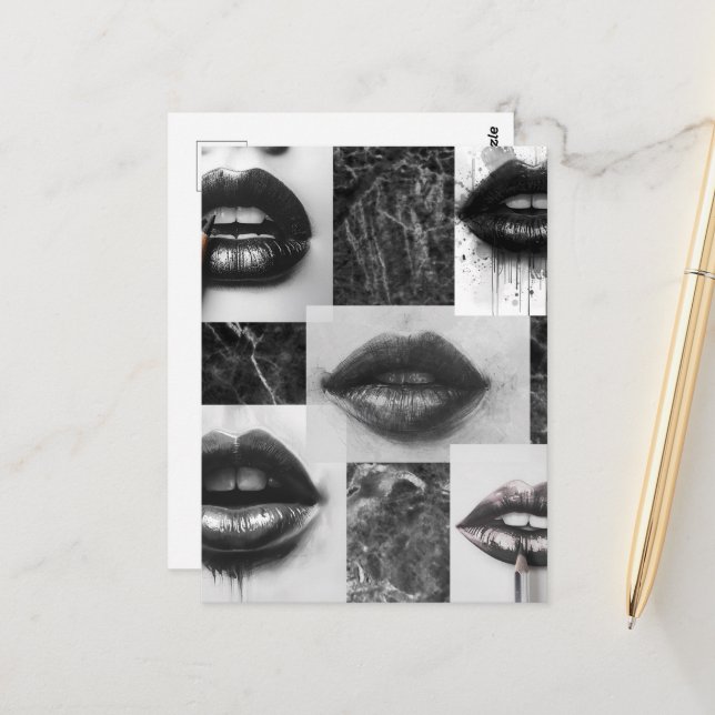 Black & White Lips Collage Postcard (Front/Back In Situ)