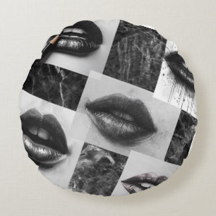 Black & White Lips Collage Round Throw Pillow