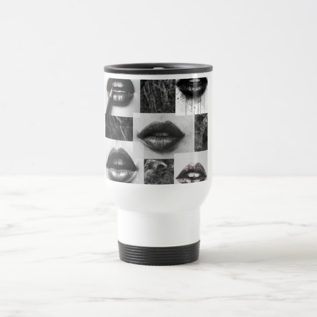 Black & White Lips Collage Travel Mug – Coffee Cup (Center)