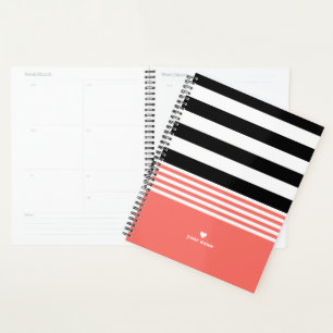 Black, White & Living Coral Striped Personalised Planner