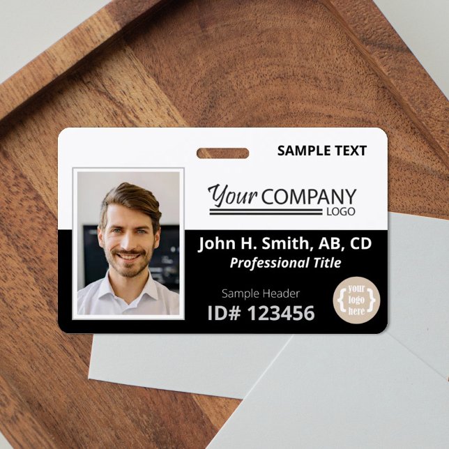 Black, White Logo Entry Employee Photo ID ID Badge (black and white company badge with photo and logos)
