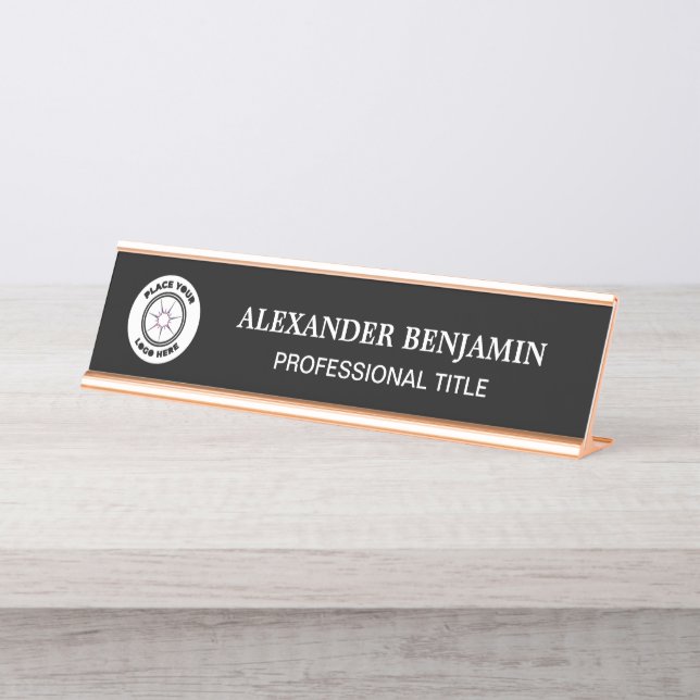 Black White Logo Modern Elegant Personalise Desk Name Plate (Front)