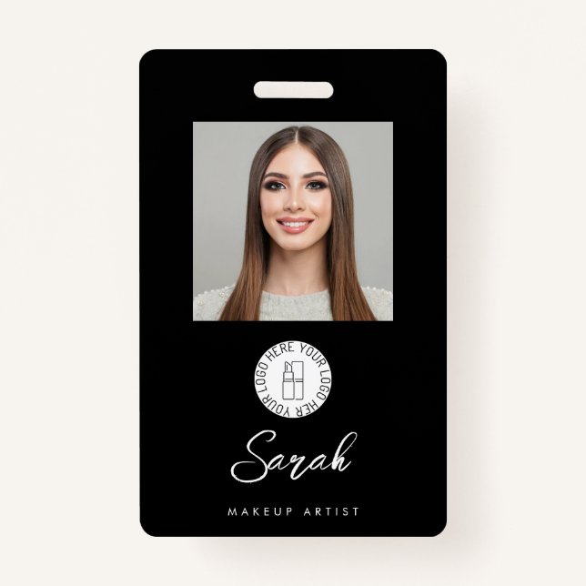 Black White Logo Photo Makeup Employee ID Badge (Front)