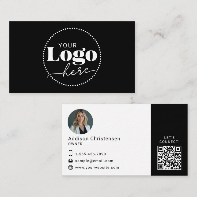 Black White Logo Photo QR Code Business Card (Front/Back)