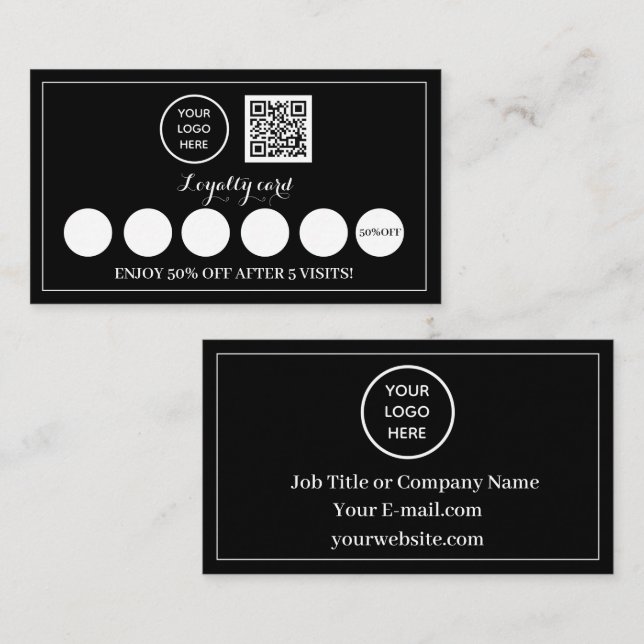 Black White Logo QR code Business Reward Punch Loyalty Card (Front/Back)