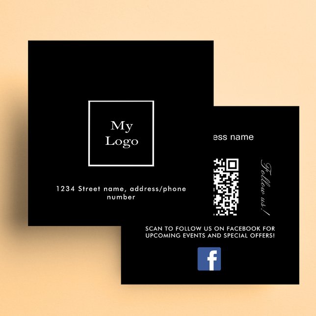 Black white logo QR code Facebook premium Square Business Card (Creator Uploaded)
