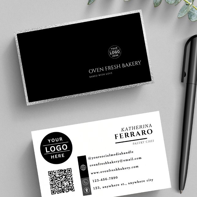 Black White Logo QR Code Silver Border Bakery Business Card (Creator Uploaded)