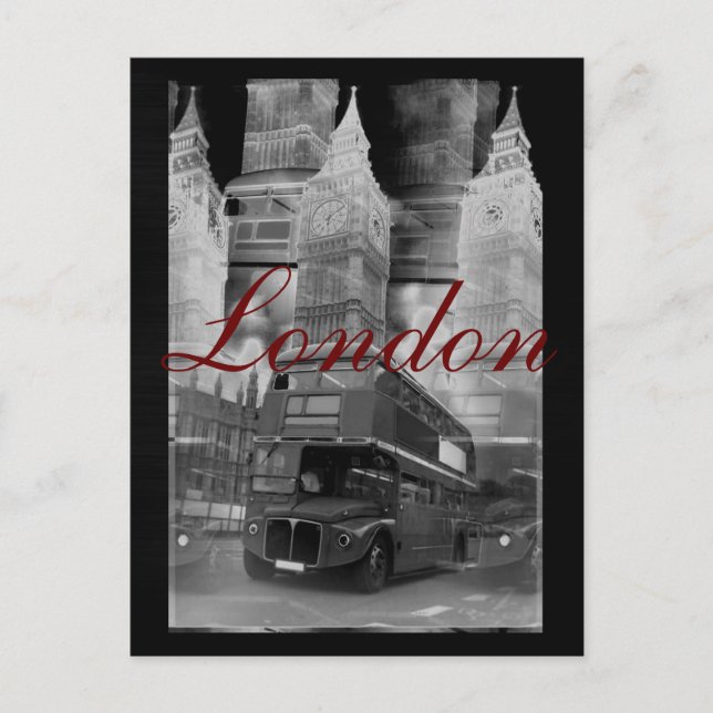 Black & White London Bus & Big Ben Postcard (Front)