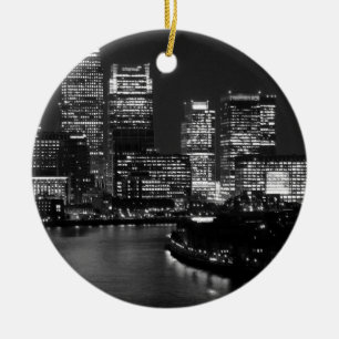 Black White London City Night UK Travel Ceramic Tree Decoration