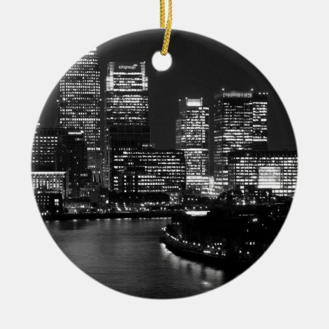 Black White London City Night UK Travel Ceramic Tree Decoration (Front)