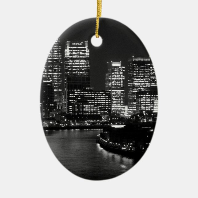 Black White London City Night UK Travel Ceramic Tree Decoration (Front)