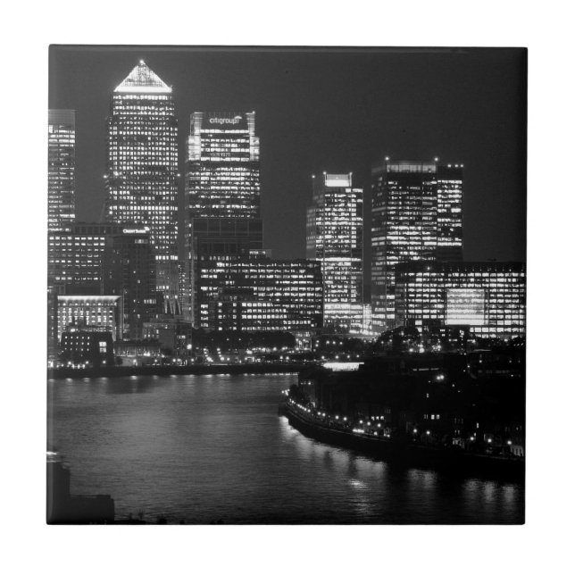 Black White London City Night UK Travel Tile (Front)