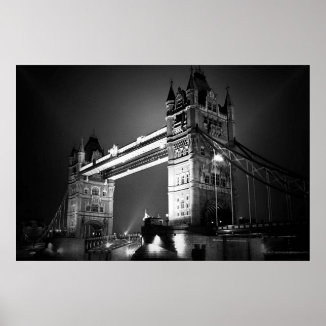 Black White London Tower Bridge at Night Poster (Front)