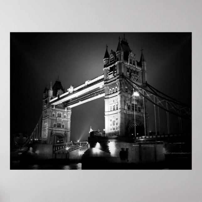 Black White London Tower Bridge at Night Poster (Front)