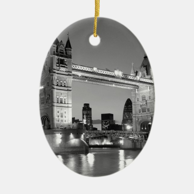 Black White London Tower Bridge Ceramic Tree Decoration (Front)