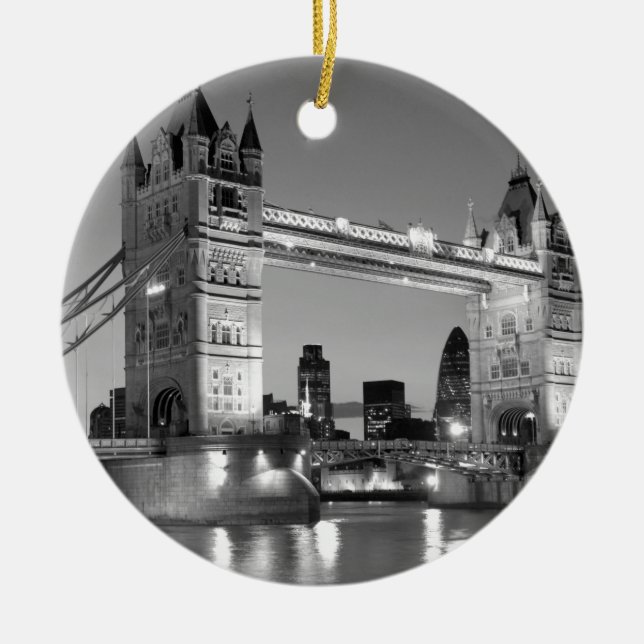 Black White London Tower Bridge Ceramic Tree Decoration (Front)