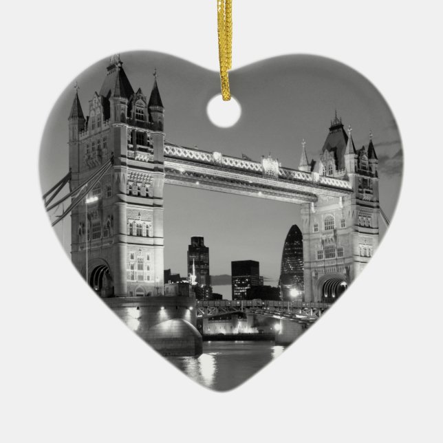 Black White London Tower Bridge Ceramic Tree Decoration (Front)