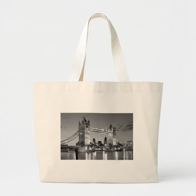 Black White London Tower Bridge Large Tote Bag (Front)